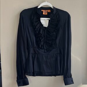 Tory Burch black tiered ruffle bib front silk blouse size 6